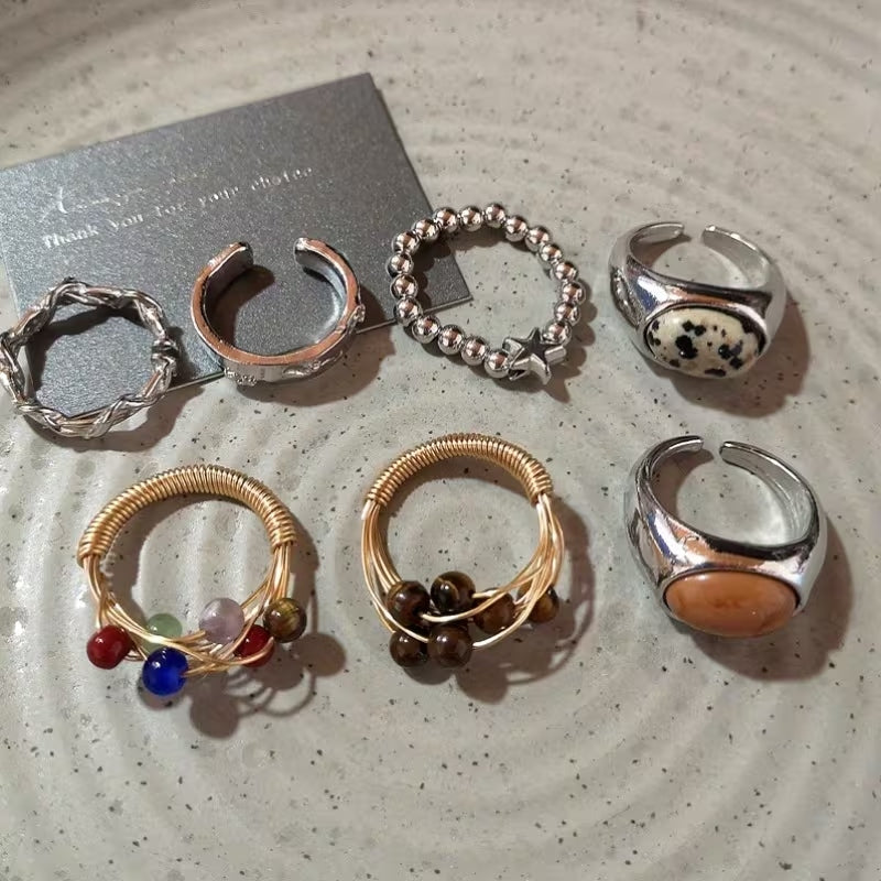 Set de 7 anillos elegantes vintage marrones con ojos de tigre