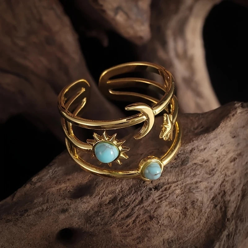 Anillo Bohemio Dorado Ajustable Luna Sol