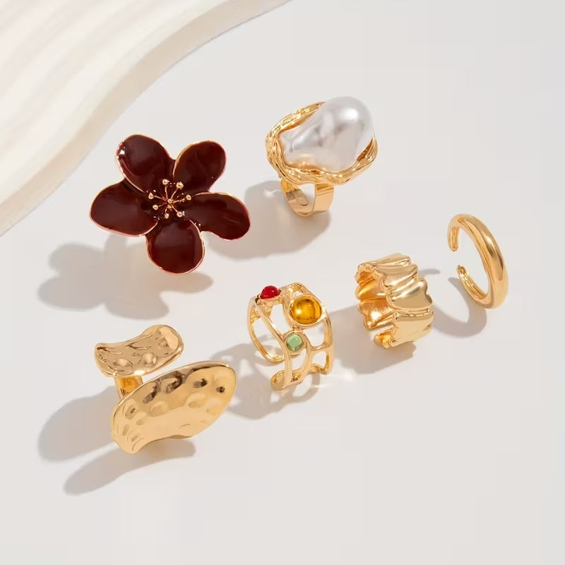 Set x 6 anillos estilo barroco vintage con perlas