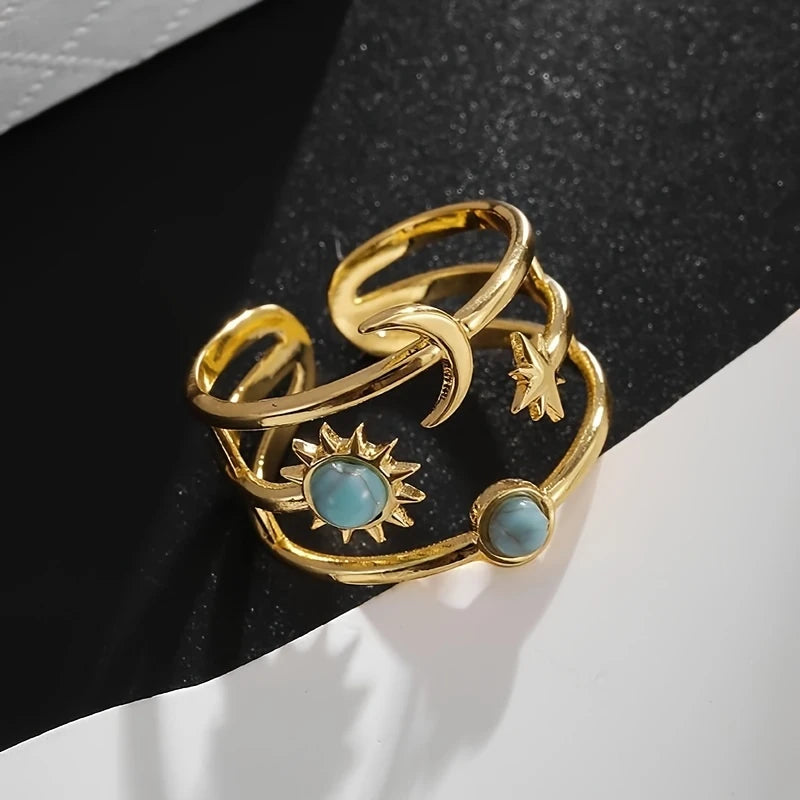 Anillo Bohemio Dorado Ajustable Luna Sol