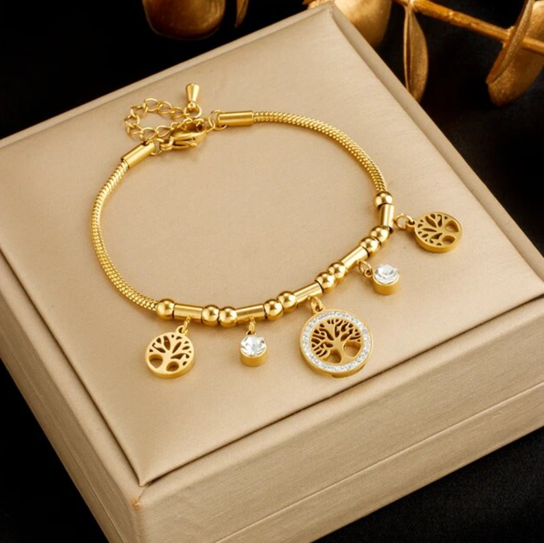 Pulsera dorada de 18 quilates con 3 Árboles de la Vida y strass