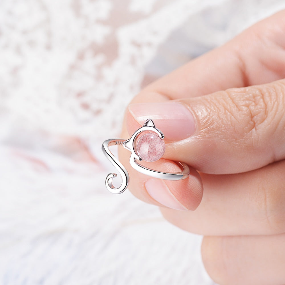 Anillo con gatito rosa de plata 925 y ágata