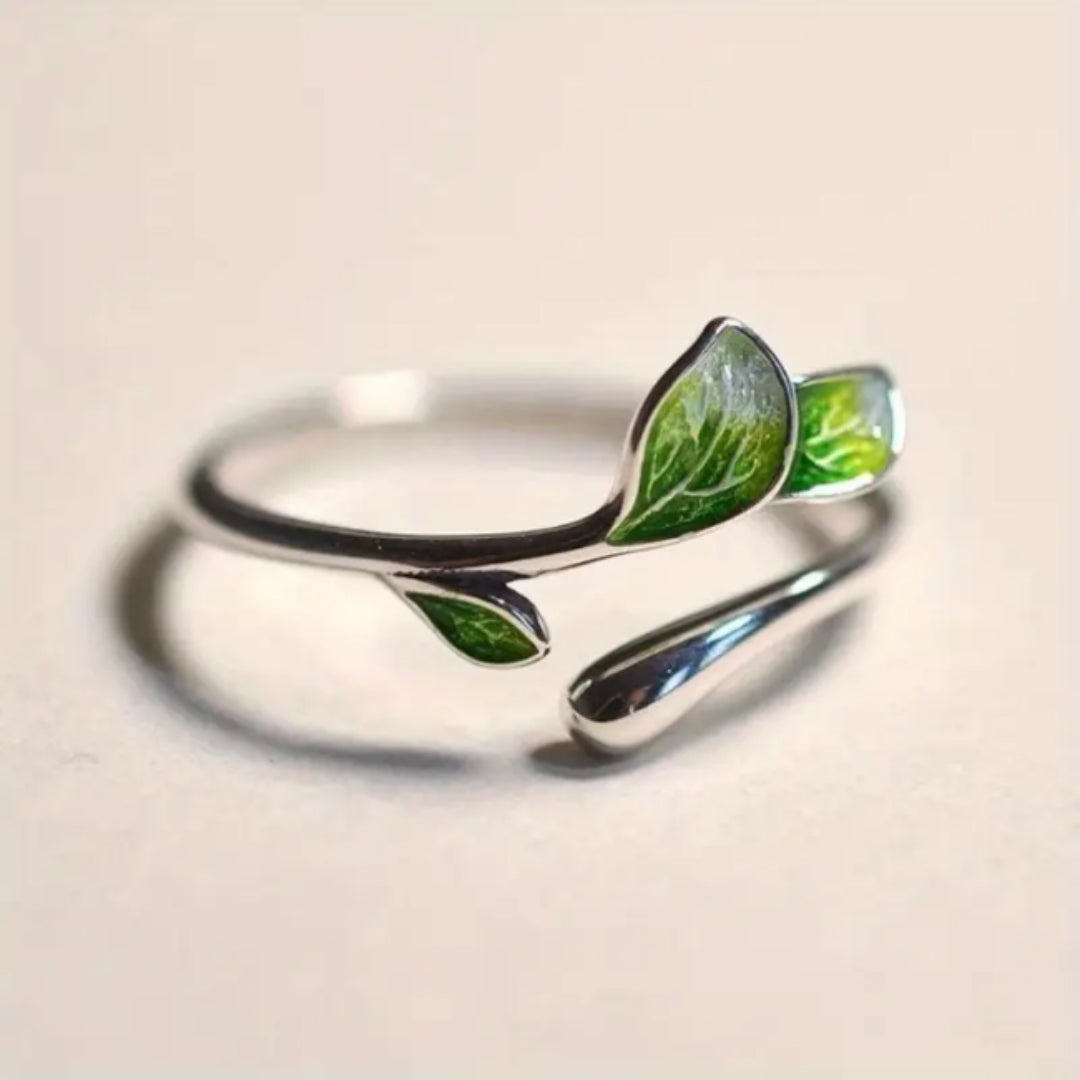 Anillo ajustable de hoja verde esmaltada