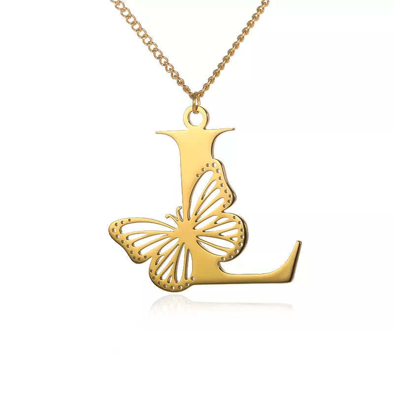 Cadena de iniciales dorada de 18 quilates con elegante mariposa