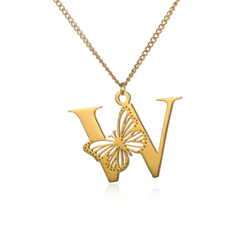 Cadena de iniciales dorada de 18 quilates con elegante mariposa