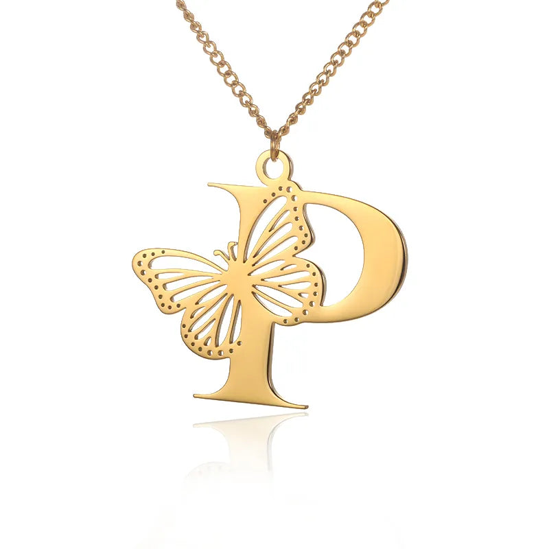 Cadena de iniciales dorada de 18 quilates con elegante mariposa