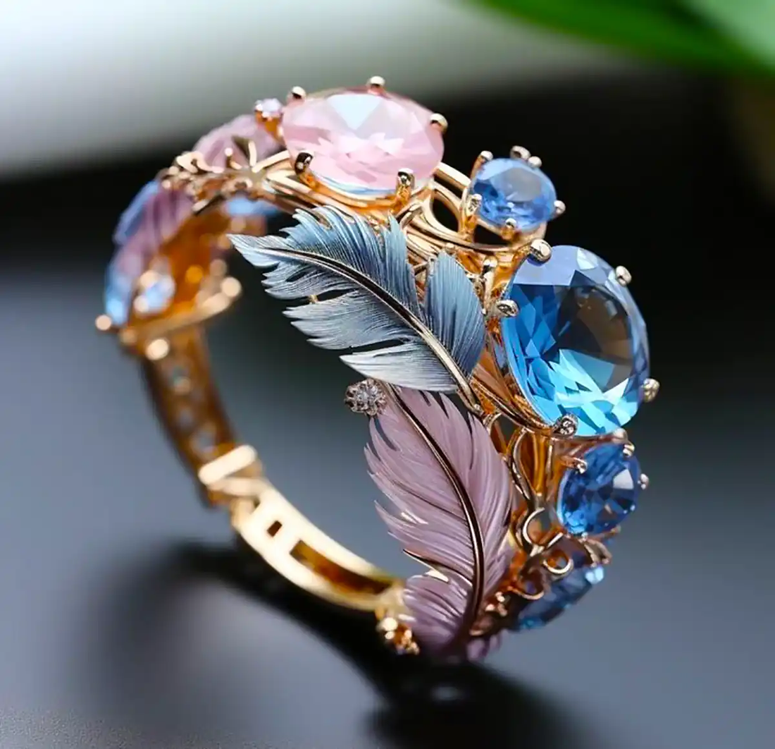 Anillo vintage de plumas exóticas de cristal