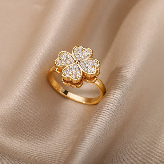 Anillo Trébol de la Suerte Giratorio con Zirconias