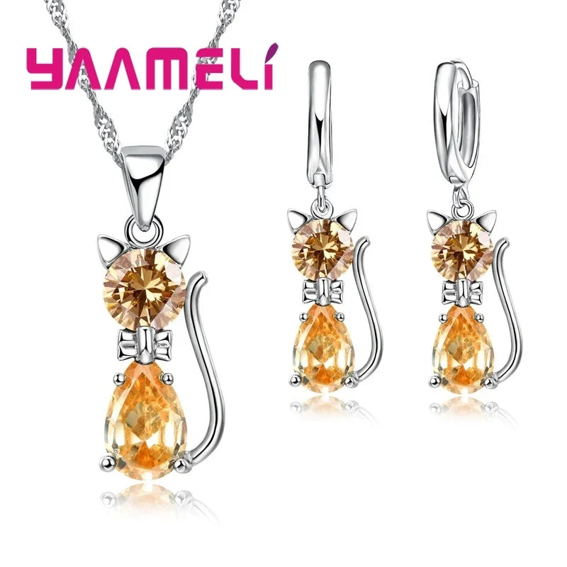 Collar y Pendientes de Gato con Zirconia