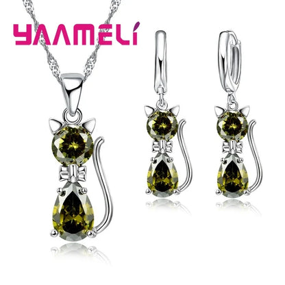 Collar y Pendientes de Gato con Zirconia