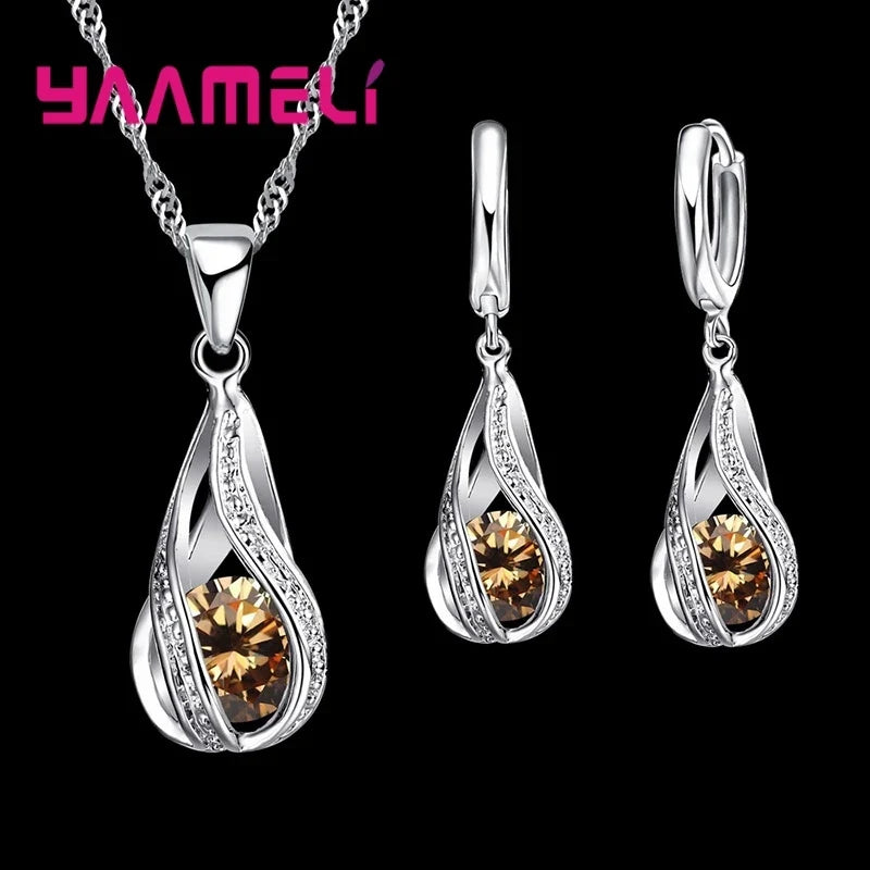 Set Collar y Aretes Gota de Rocío Cristal