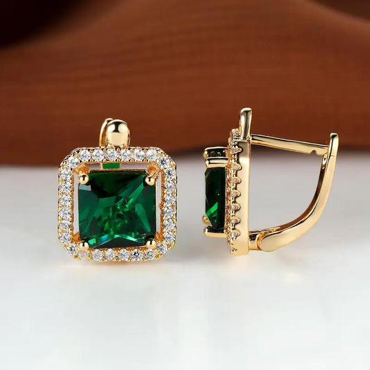 Pendientes cuadrados verdes con circonitas doradas | Oro