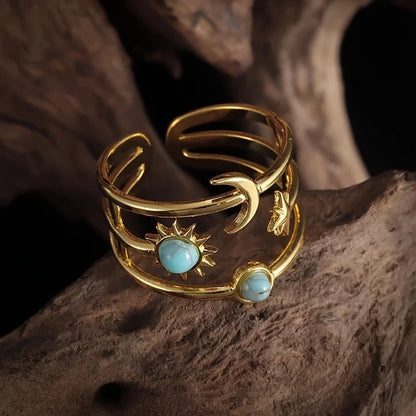 Anillo Bohemio Dorado Ajustable Luna Sol