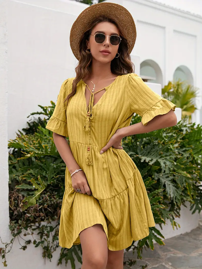 Amalia - Vestido Informal Corto de Rayas con Cuello en V Primavera Verano para Mujer