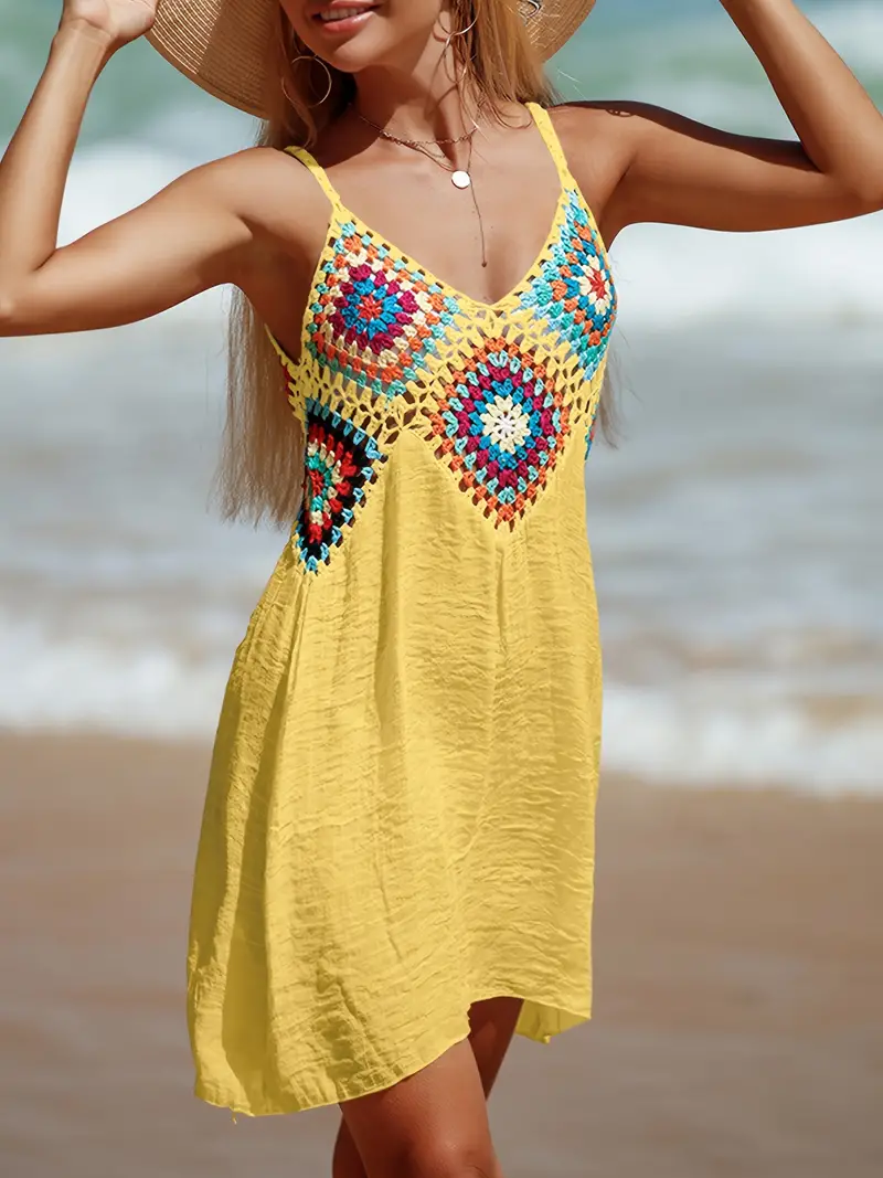 Maribel - Vestido Playero Corto con Cuello en V de Crochet Primavera Verano para Mujer