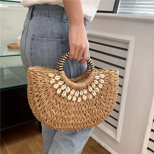 Silvia - Bolso De Paja Con Decoración De Conchas