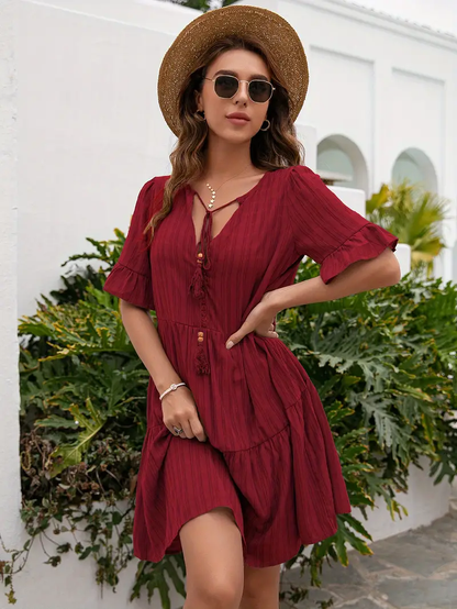 Amalia - Vestido Informal Corto de Rayas con Cuello en V Primavera Verano para Mujer