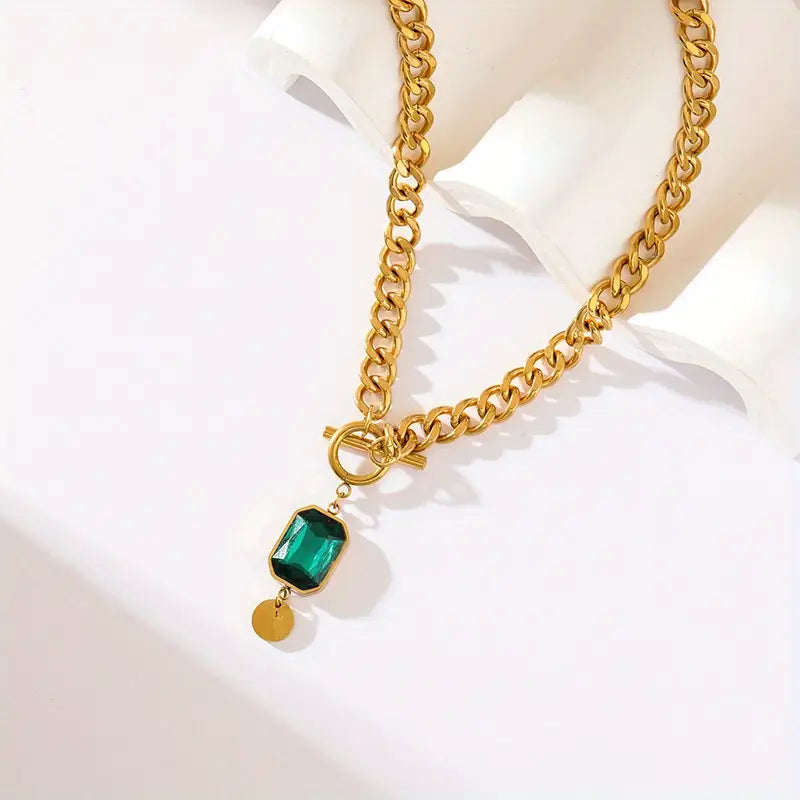 Collar de cadena gruesa con colgante de esmeralda | Oro