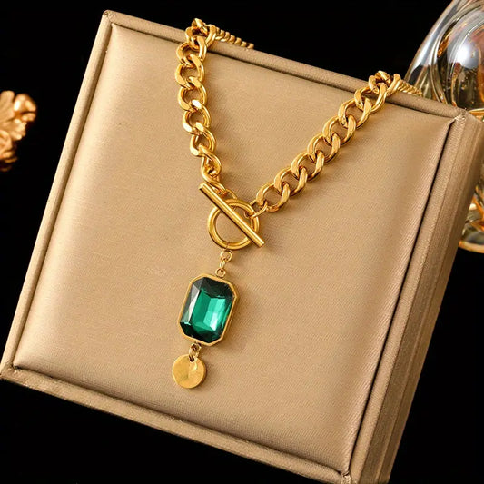 Collar de cadena gruesa con colgante de esmeralda | Oro