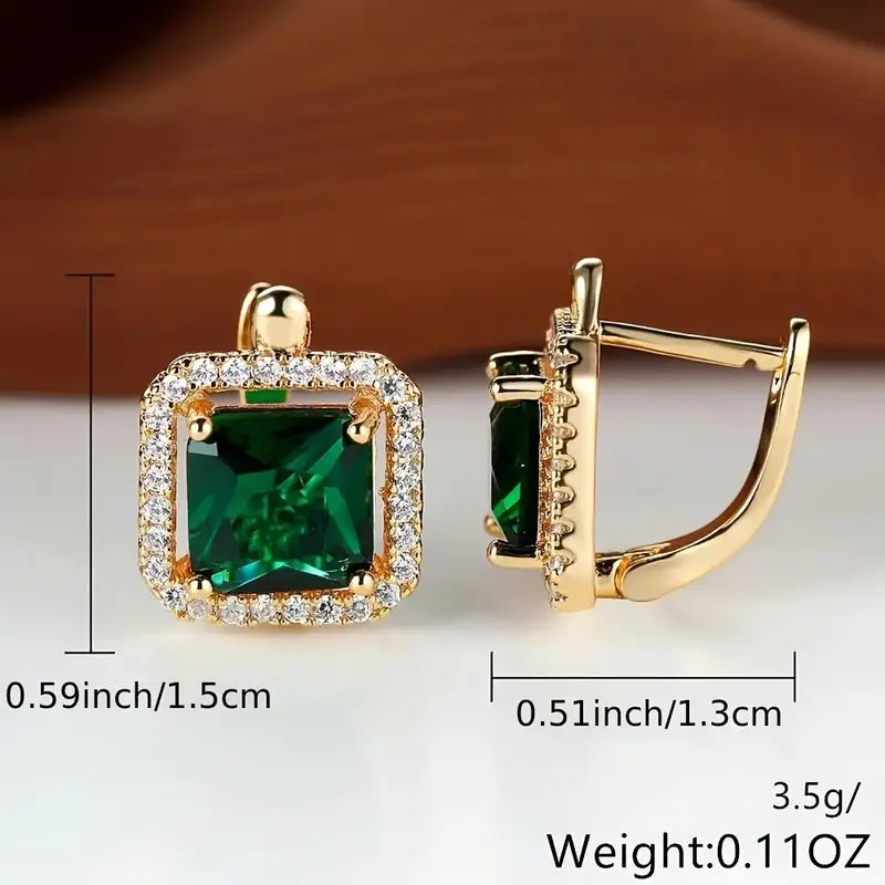 Pendientes cuadrados verdes con circonitas doradas | Oro
