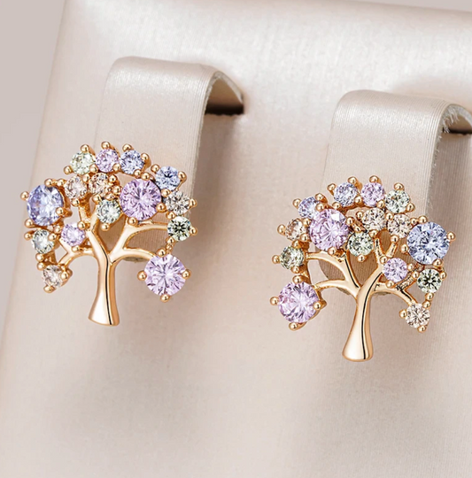 Aretes tipo botón multicolor Árbol de la Vida dorados de 18 quilates