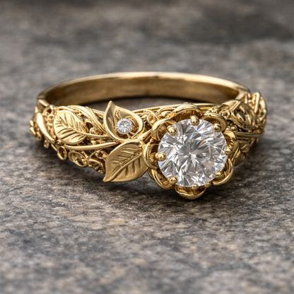 Anillo de Hoja Dorada con Zirconia