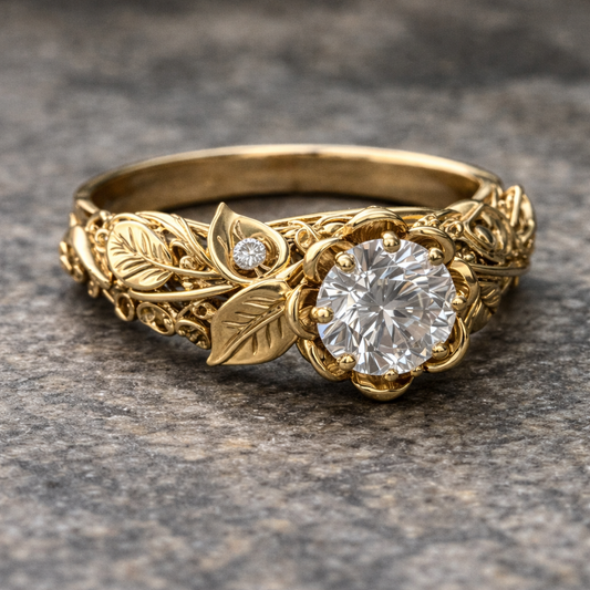 Anillo de Hoja Dorada con Zirconia
