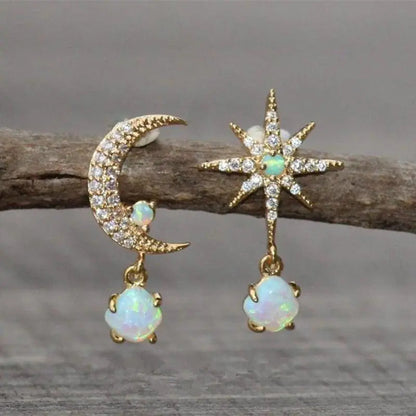 Pendientes Luna y Estrella de Oro y Ópalo