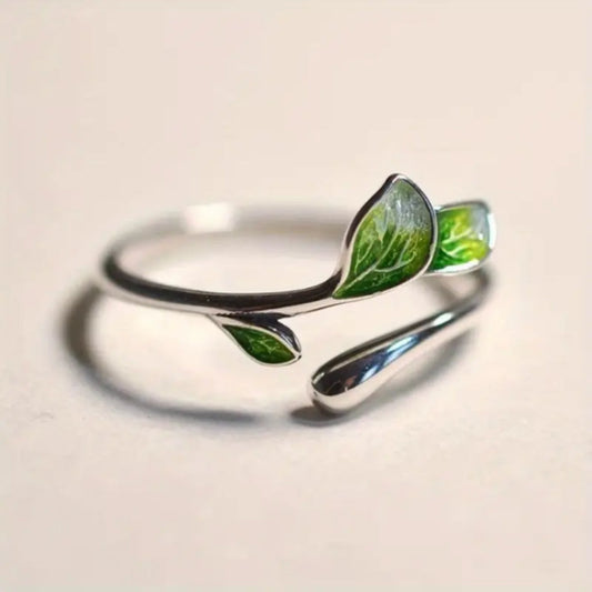 Anillo ajustable de hoja verde esmaltada