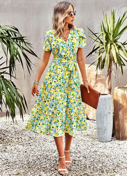 Rocio - Vestido Midi Bohemio con Estampado Floral y Cuello en V Primavera Verano para Mujer