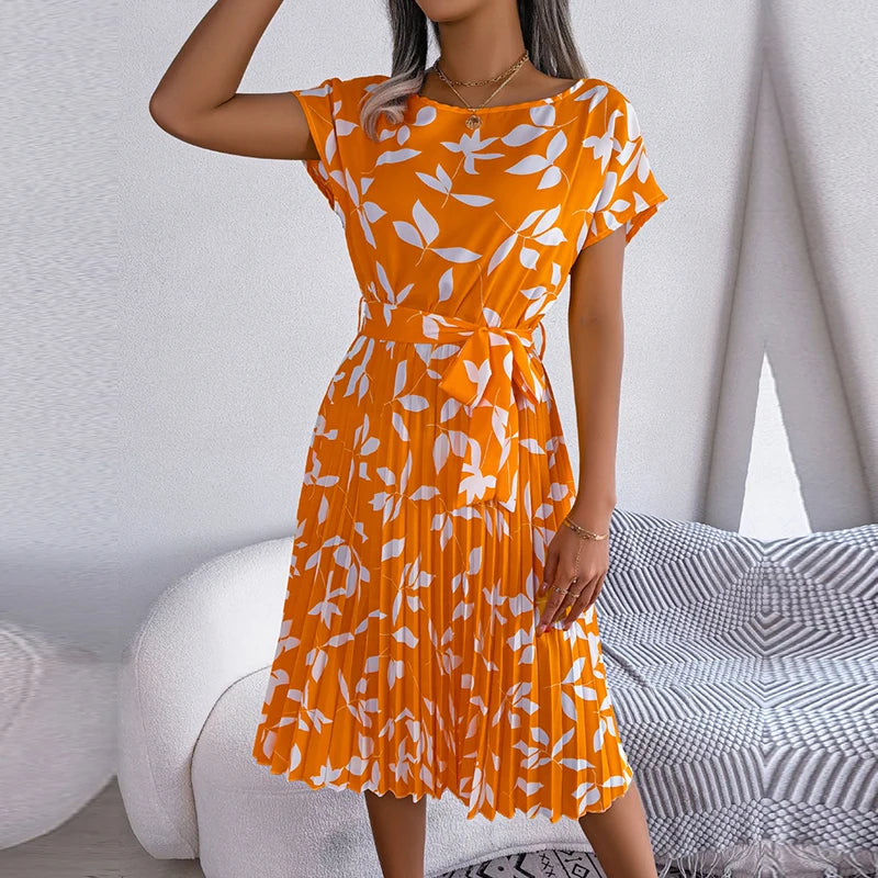 Saloa - Vestido Largo Plizado de Manga Corta Primavera Verano para Mujer