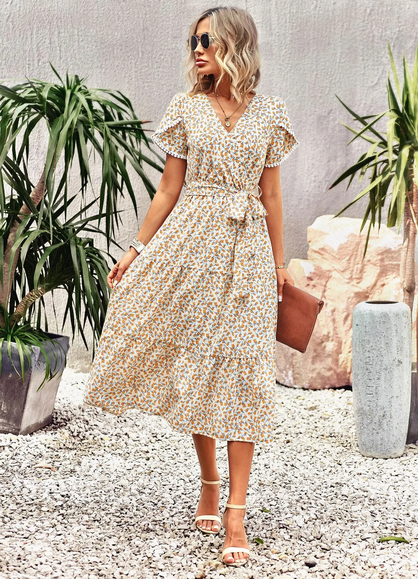 Rocio - Vestido Midi Bohemio con Estampado Floral y Cuello en V Primavera Verano para Mujer