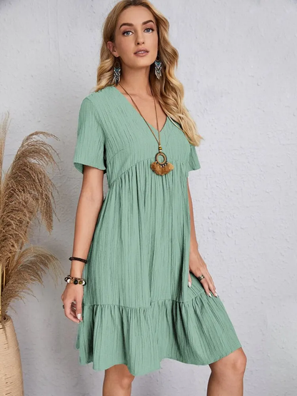 Ofelia - Vestido Elegante Corto con Cuello en V de Manga Corta para Playa Primavera Verano de Mujer