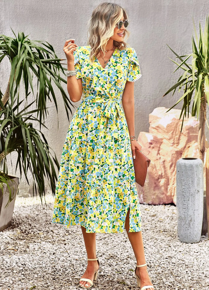 Rocio - Vestido Midi Bohemio con Estampado Floral y Cuello en V Primavera Verano para Mujer