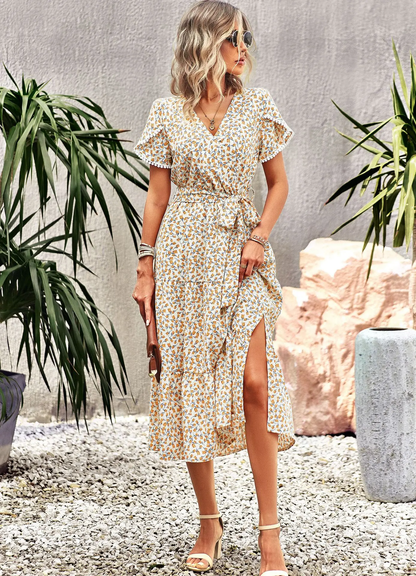 Rocio - Vestido Midi Bohemio con Estampado Floral y Cuello en V Primavera Verano para Mujer