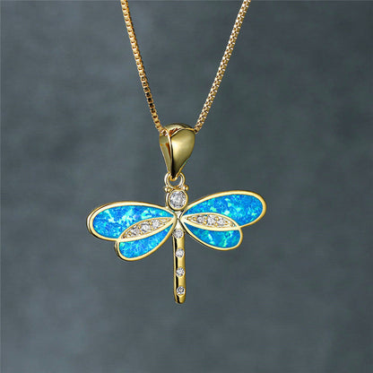 Collar de libélula en oro con ópalo