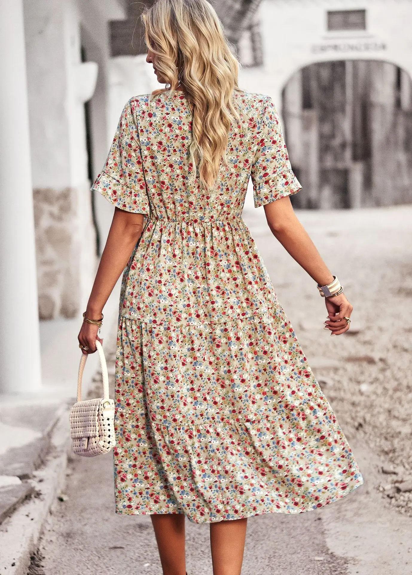 Silvia - Vestido Elegante de Manga Corta con Cuello en V Primavera Verano para Mujer