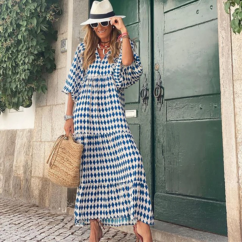 Natura - Vestido Largo Elegante Boho con Cuello en V Primavera Verano para Mujer