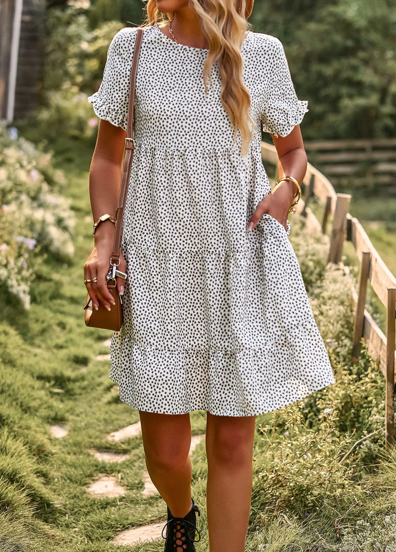 Marta - Vestido Informal Corto con Cuello Redondo de Manga Corta Primavera Verano para Mujer