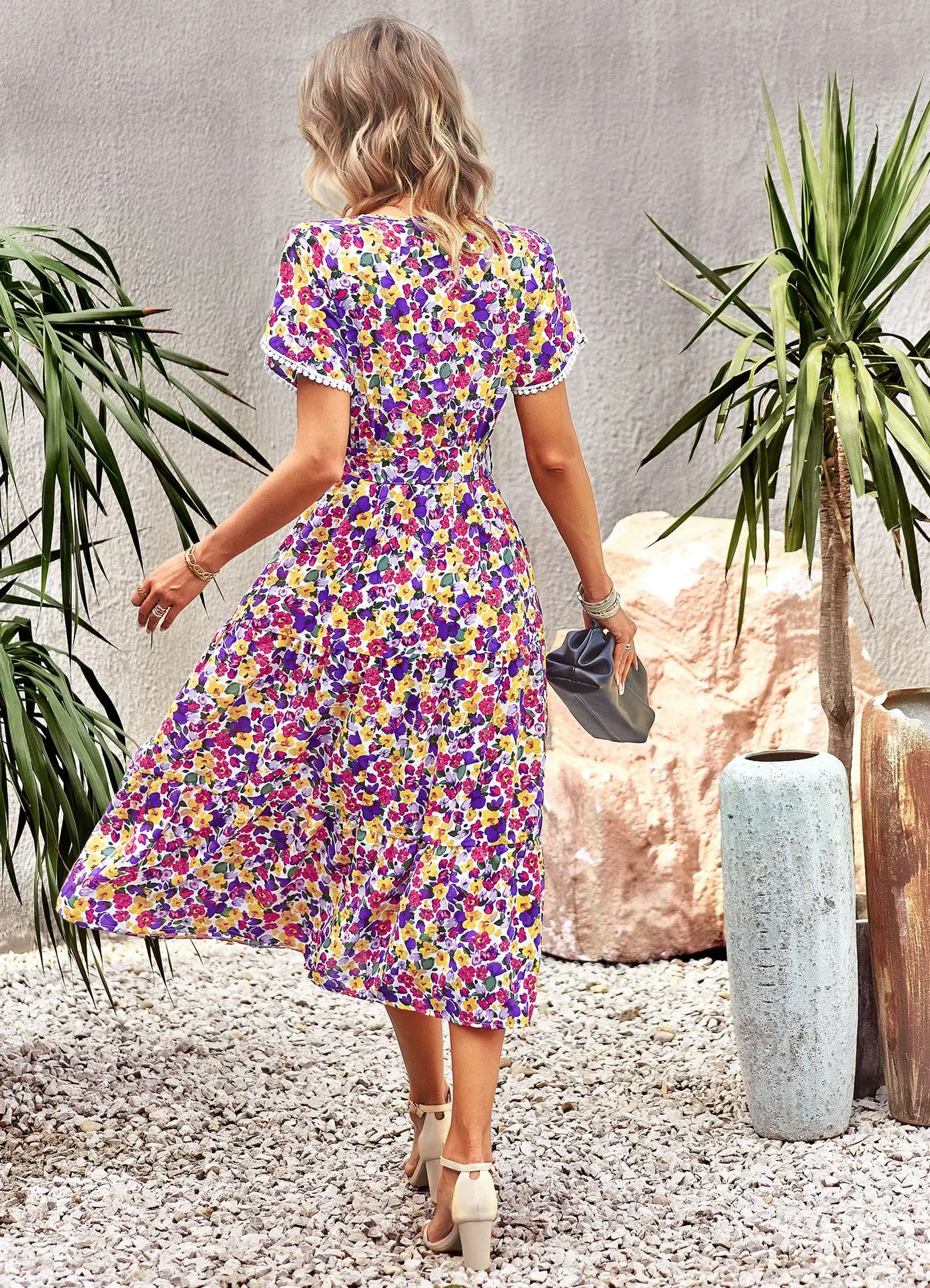 Rocio - Vestido Midi Bohemio con Estampado Floral y Cuello en V Primavera Verano para Mujer