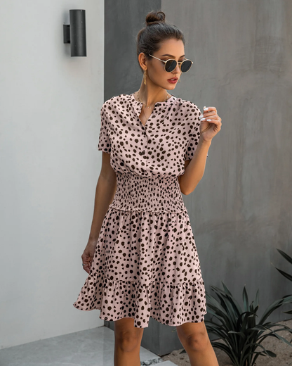 Atenea - Vestido de Manga Corta con Botones y Estampado de Leopardo Primavera Verano para Mujer