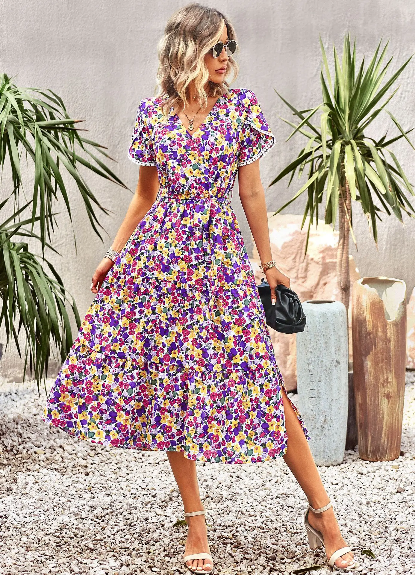 Rocio - Vestido Midi Bohemio con Estampado Floral y Cuello en V Primavera Verano para Mujer