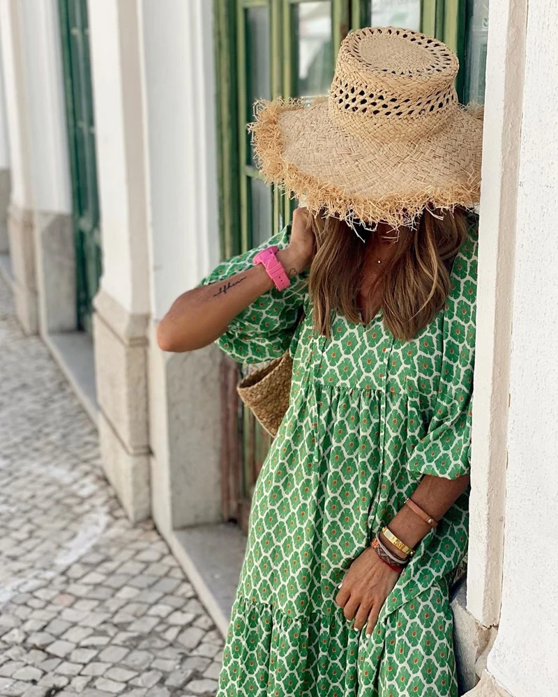 Natura - Vestido Largo Elegante Boho con Cuello en V Primavera Verano para Mujer