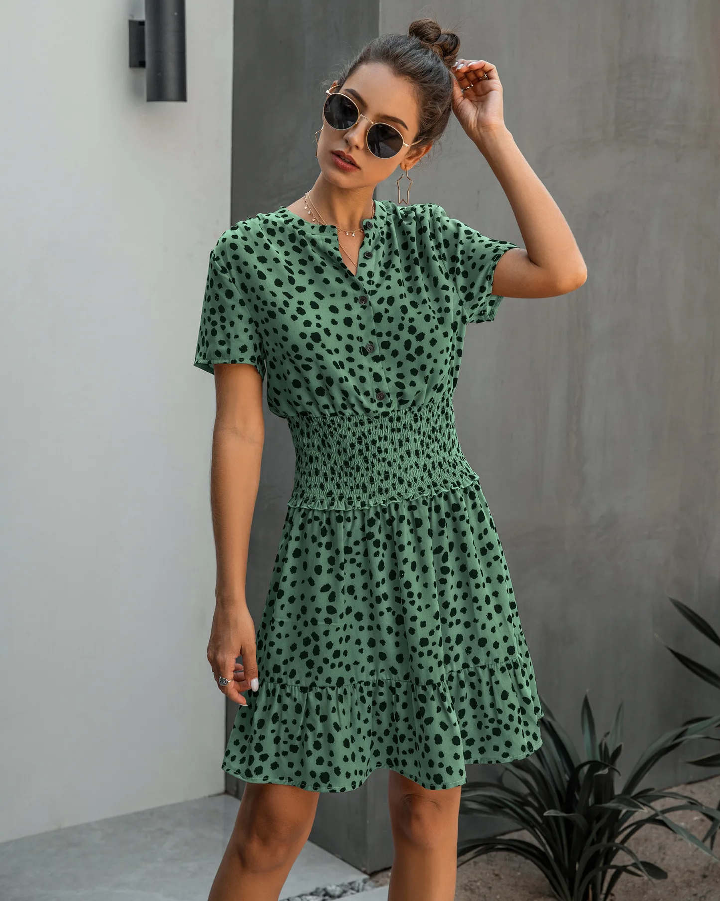 Atenea - Vestido de Manga Corta con Botones y Estampado de Leopardo Primavera Verano para Mujer