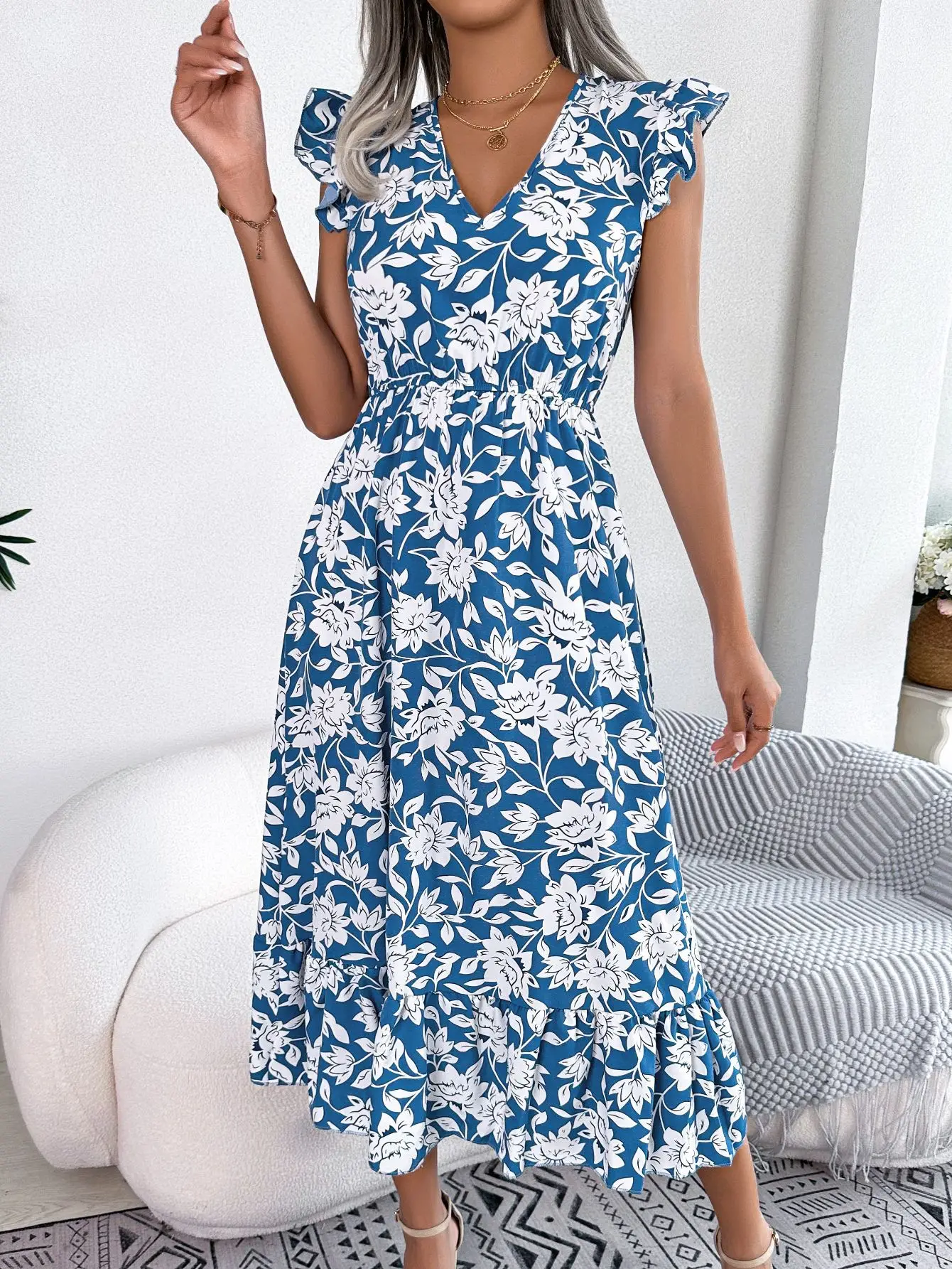 Mariana - Vestido Midi de Estampado Floral sin Mangas con Cuello en V Primavera Verano para Mujer