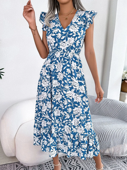 Mariana - Vestido Midi de Estampado Floral sin Mangas con Cuello en V Primavera Verano para Mujer