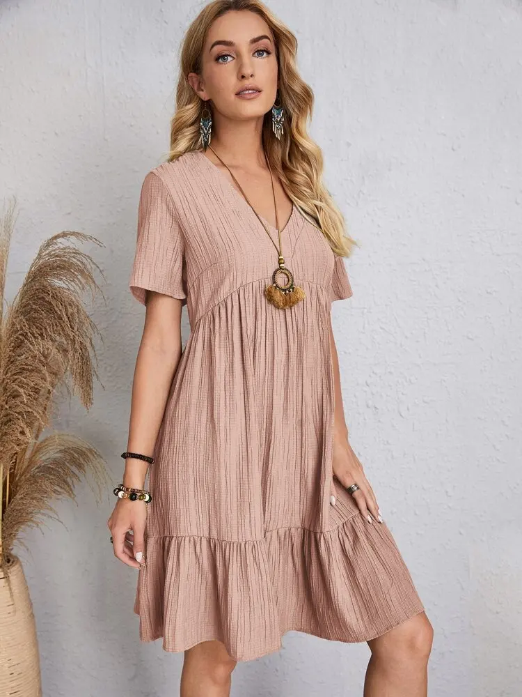 Ofelia - Vestido Elegante Corto con Cuello en V de Manga Corta para Playa Primavera Verano de Mujer