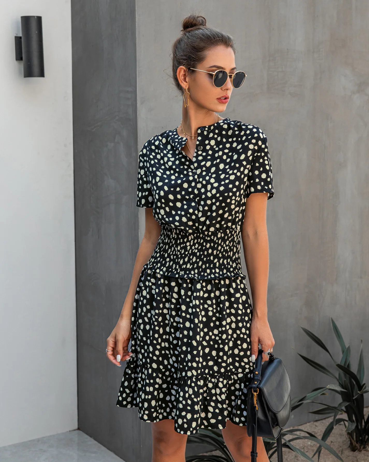 Atenea - Vestido de Manga Corta con Botones y Estampado de Leopardo Primavera Verano para Mujer