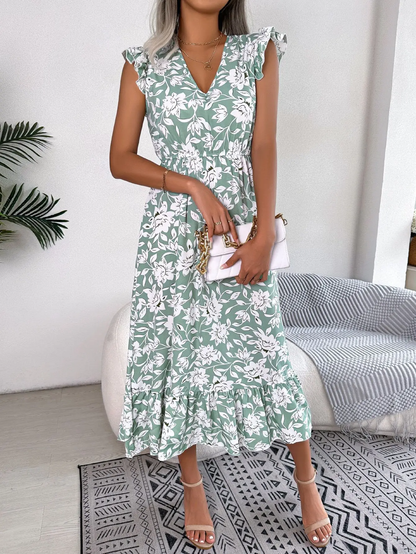 Mariana - Vestido Midi de Estampado Floral sin Mangas con Cuello en V Primavera Verano para Mujer