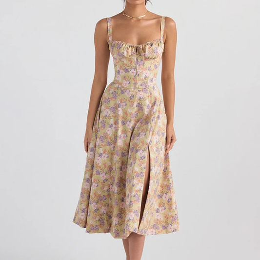 Monica - Vestido Midi Bohemio con Estampado Floral sin Mangas Estilo Vintage Primavera Verano para Mujer